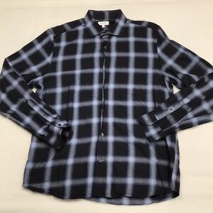 REISS Button Overshirt Men XL Blue Black Window Pane Plaid Brushed Cotton Twill